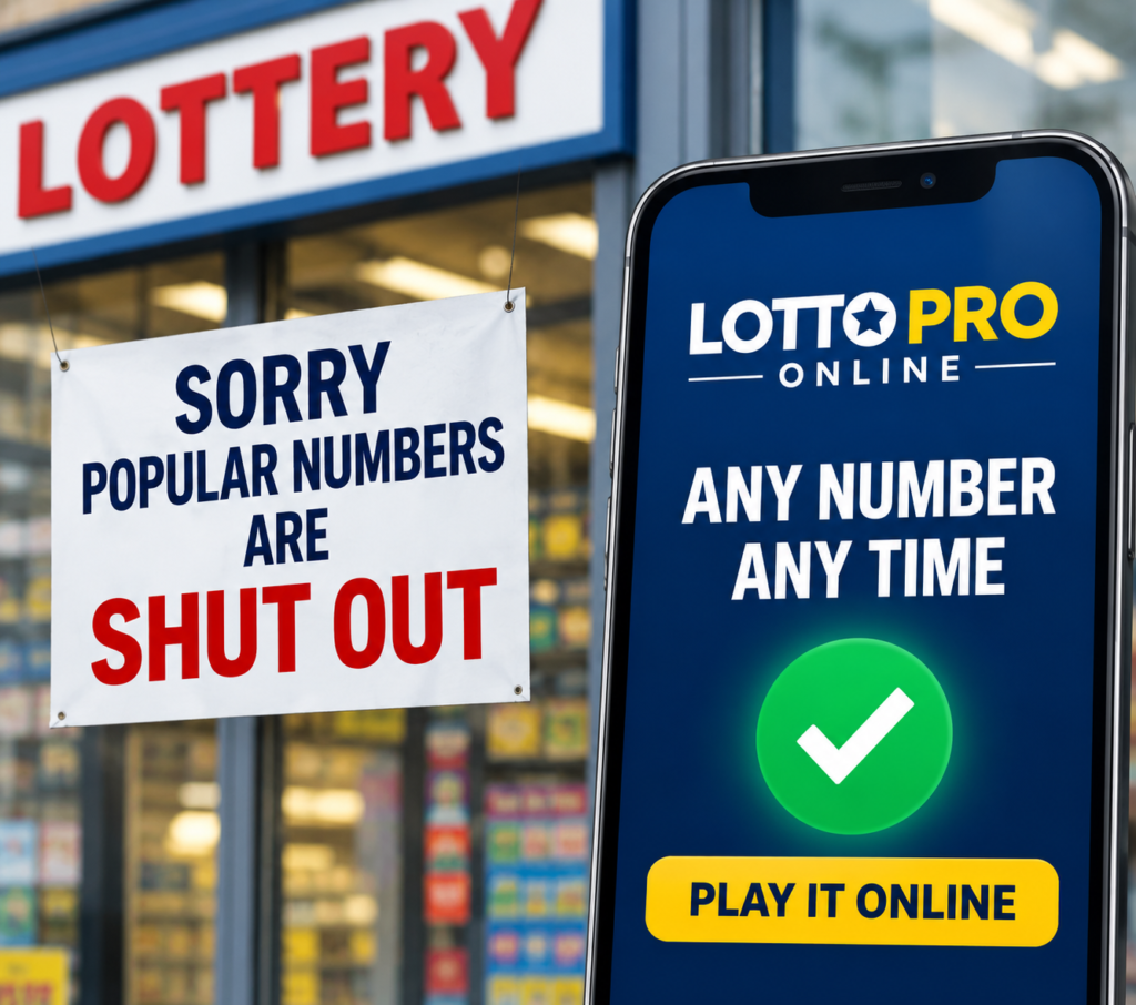 Lottery store sign reading 'Sorry, popular numbers are shut out' beside a phone showing Lotto Pro Online with any number available any time