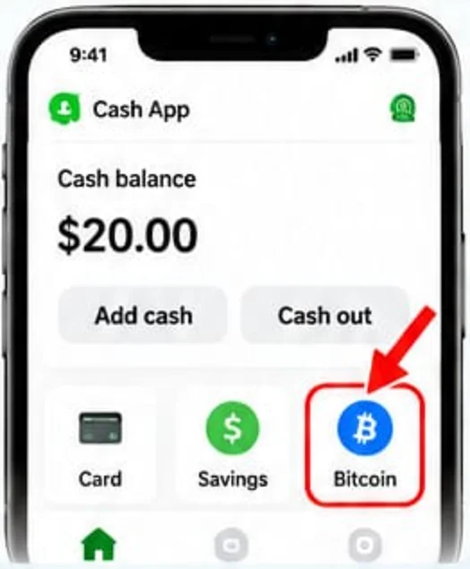 Cash App home screen with the Bitcoin icon circled