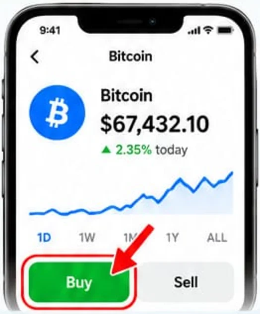 Cash App Bitcoin screen with the Buy button highlighted