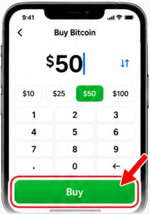 Cash App Buy Bitcoin screen with $50 entered and the Buy button highlighted