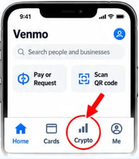 Venmo app home screen with the Crypto tab circled