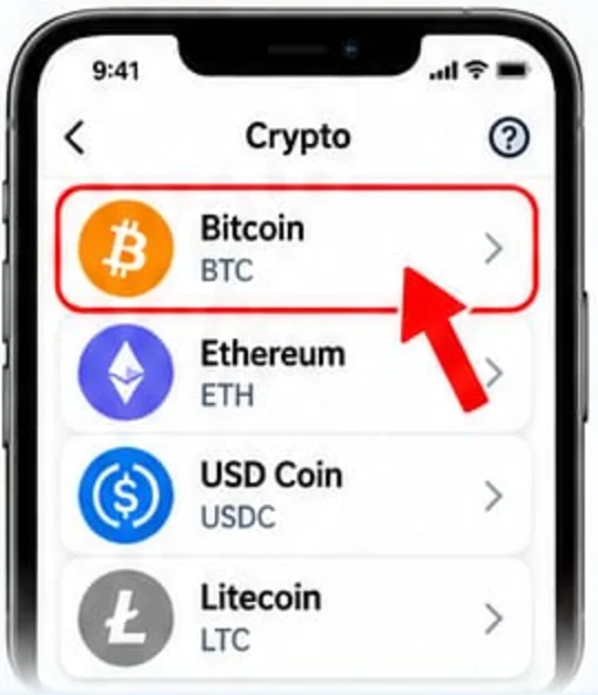 Venmo Crypto screen with Bitcoin (BTC) highlighted