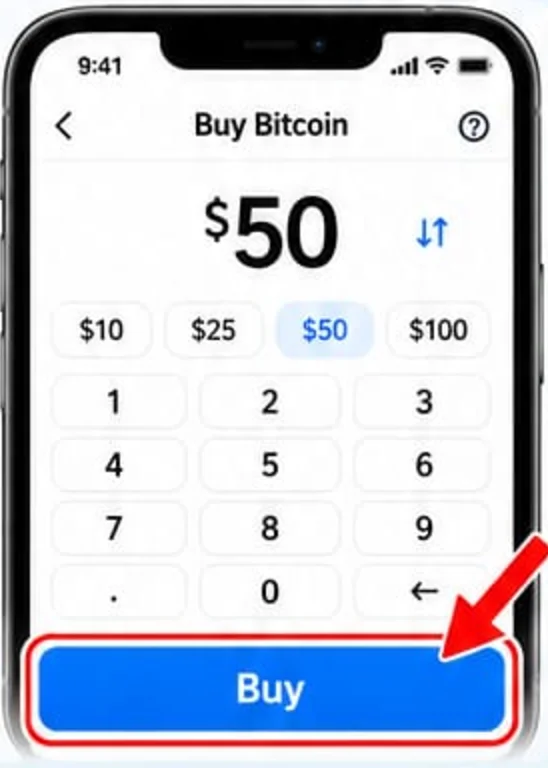 Venmo Buy Bitcoin screen with $50 entered and the Buy button highlighted